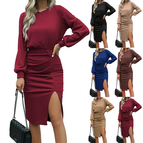 Women's Casual Long Sleeve Lantern Sleeve Ribbed Knit Split Bodycon Midi Dress Elegant Solid Color Pullover Dress
