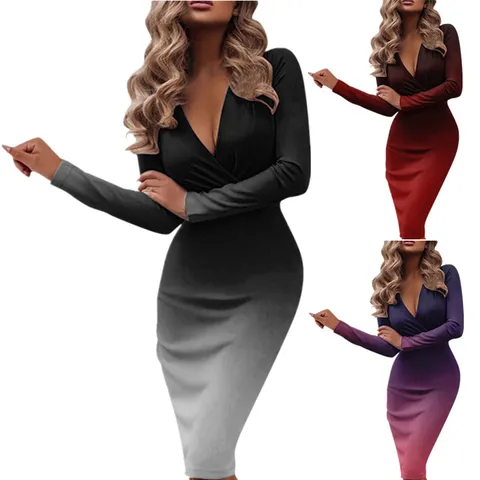 Women's Sexy Gradient Bodycon Dress Deep V-Neck Long Sleeve Slim Fit Mid-Length Polyester Elegant Night Out Party Dress