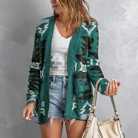 Women Casual Geometric Ethnic Print Knit Cardigan Loose V Neck Long Sleeve Open Front Sweater Jacket With Pockets Outerwear