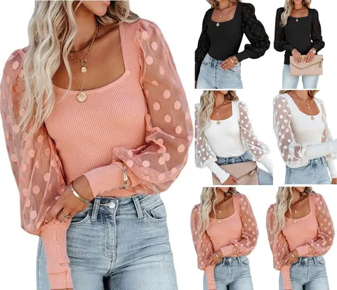 Dames Vierkante Hals Top met Lange Mouwen Casual Geribbeld Patchwork T-Shirt Slim Fit Pofmouwen van Gaas met Stippen