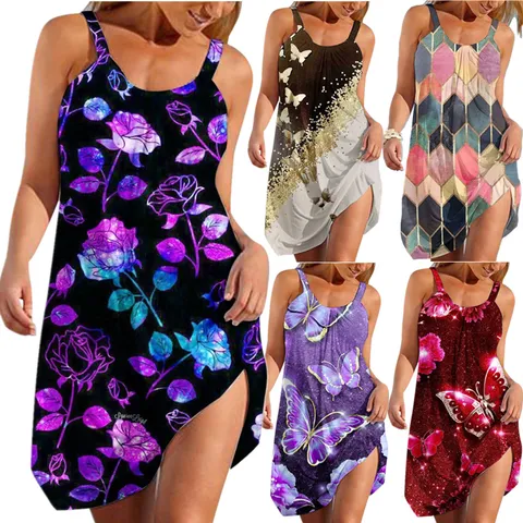 Damen Sommer Strand Spaghettiträger Print Minikleid Polyester Elasthan Digitaldruck Schmale Passform Schmetterling Floral Kleid