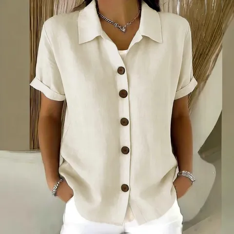 Women's Casual Cotton Polyester Solid Color Lapel Button Up T-Shirt Summer Loose Short Sleeve Top Comfortable Daily Streetwear