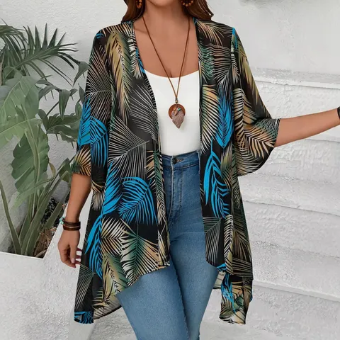 Women Tropical Print Chiffon Cardigan Loose Summer Resort Sun Protection Outerwear Batwing Sleeve Open Front V Neck Casual Top