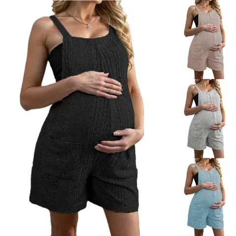 Pagliaccetto Premaman a Costine Senza Maniche Salopette Casual Estiva Tuta Corta Con Tasche per Donne Incinte Tuta Elasticizzata