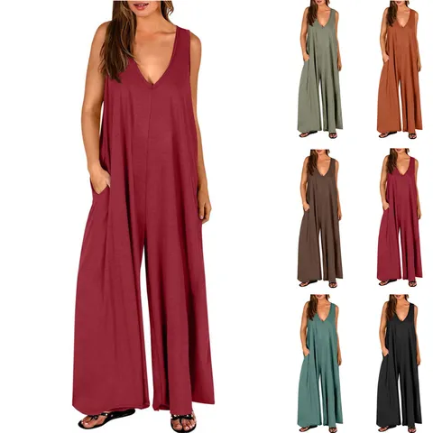 Women's Casual Sleeveless V-Neck Wide Leg Jumpsuit Solid Color Loose One-Piece Romper with Pockets Overall Summer Fashion