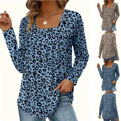 T-shirt Femme Imprimé Léopard Col Carré Manches Longues Décontracté Froncé Haut Mode Automne Blouse en Polyester Coupe Large