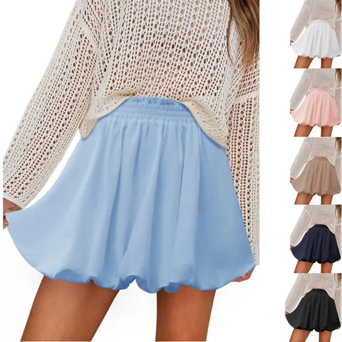 Women's Casual High Waisted Bubble Skirt Shorts Solid Color Smocked A-Line Mini Skirt Bottom Polyester Spandex Fashion Summer Outfits