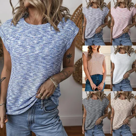 Women's Waffle Knit Sleeveless T-Shirt Round Neck Loose Fit Solid Color Casual Summer Tank Top Breathable Fashion Commuter Basic Top