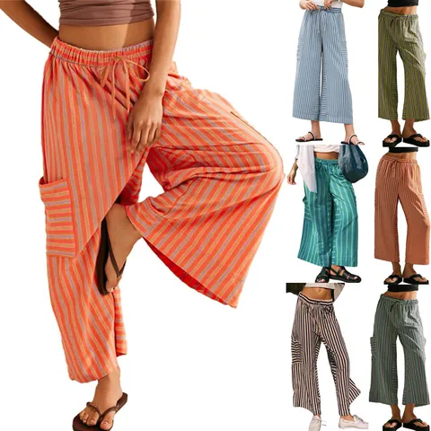 Women Casual Striped Wide Leg Pants High Waist Drawstring Trousers With Pockets Loose Straight Fit Beach Lounge Bottoms