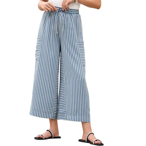 Women Casual Striped Wide Leg Pants High Waist Drawstring Trousers With Pockets Loose Straight Fit Beach Lounge Bottoms