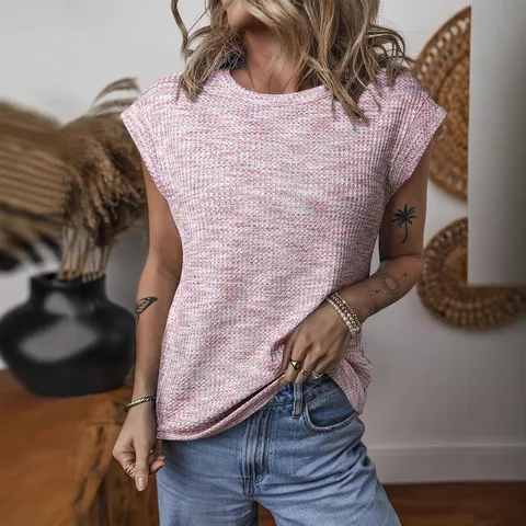 Women's Waffle Knit Sleeveless T-Shirt Round Neck Loose Fit Solid Color Casual Summer Tank Top Breathable Fashion Commuter Basic Top