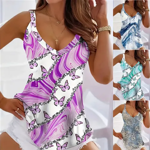 Damen Sexy Ärmellos V-Ausschnitt Camisole Marmor Schmetterling Druck Locker T-Shirt Sommer Casual Paisley Tank Top