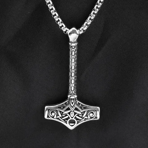 Vintage Stainless Steel Viking Thor Hammer Pendant Necklace Norse Myth Celtic Texture Choker Jewelry Gothic Punk Amulet For Men