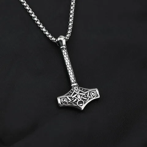 Vintage Stainless Steel Viking Thor Hammer Pendant Necklace Norse Myth Celtic Texture Choker Jewelry Gothic Punk Amulet For Men