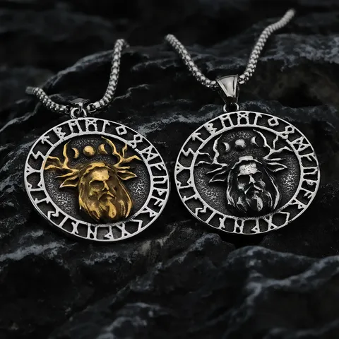 Nordic Vintage Stainless Steel Pendant Necklace For Men Viking Rune Antler Deity Round Medal Charm Retro Punk Necklace Gift