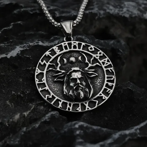Nordic Vintage Stainless Steel Pendant Necklace For Men Viking Rune Antler Deity Round Medal Charm Retro Punk Necklace Gift