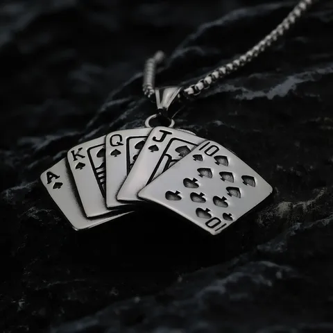 Vintage Stainless Steel Poker Royal Flush Pendant Necklace For Men Retro Punk Style Silver Color Playing Cards Pendant Jewelry Gift