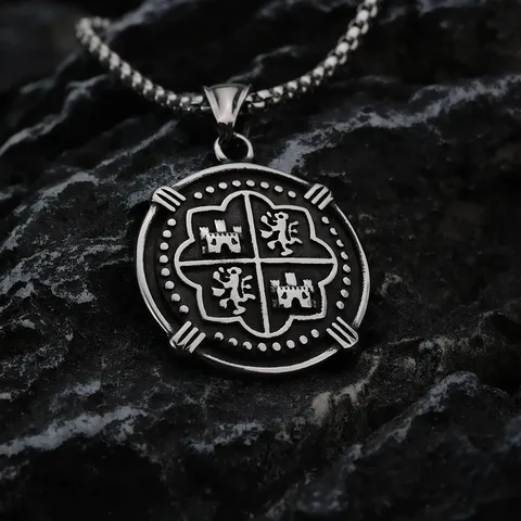 Collier Pendentif Pièce de Pirate Espagnol Rétro Hip Hop pour Homme en Acier Titane Collier Médaillon Acier Inoxydable Bijoux Punk