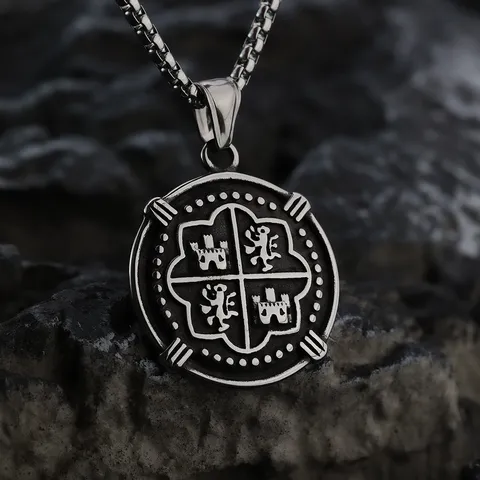 Collier Pendentif Pièce de Pirate Espagnol Rétro Hip Hop pour Homme en Acier Titane Collier Médaillon Acier Inoxydable Bijoux Punk