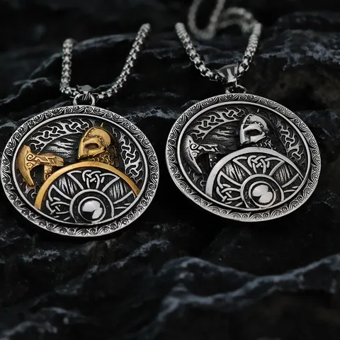 Vintage Titanium Staal Viking Krijger Hanger Ketting Heren Punk Hip Hop Roestvrij Staal Reliëf Strijdbijl Ronde Schild Halskettingen Sieraden