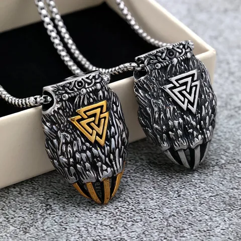 Vintage Stainless Steel Viking Valknut Triangle Bear Claw Pendant Necklace Hip Hop Punk Geometric Statement Polished Biker Jewelry Necklace For Men Women Gift