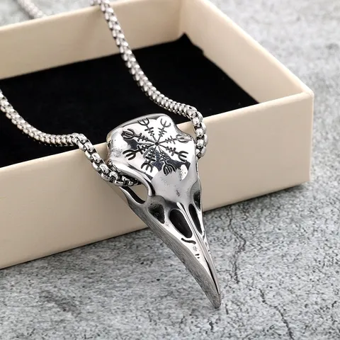 Vintage Stainless Steel Viking Compass Vegvisir Crow Skull Pendant Necklace For Men Women Punk Nordic Runes Mythic Raven Amulet Talisman Jewelry Gift