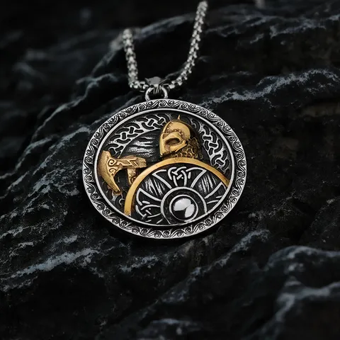 Vintage Titanium Staal Viking Krijger Hanger Ketting Heren Punk Hip Hop Roestvrij Staal Reliëf Strijdbijl Ronde Schild Halskettingen Sieraden