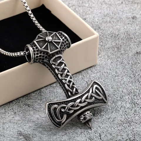 Nordic Viking Thor Hammer Pendant Necklace Retro Stainless Steel Celtic Knot Geometric Totem Jewelry For Men