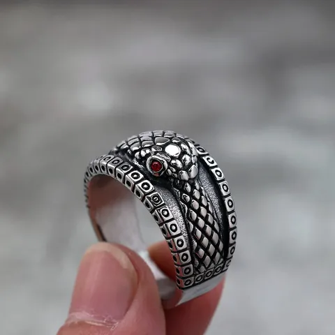 Vintage Stainless Steel Snake Pattern Ring Unisex Gothic Punk Rhinestone Accent Geometric Band Ring For Men Women Party Jewelry Gift