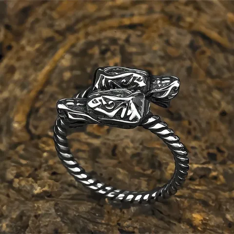 Vintage Punk Titanium Steel Double Dragon Head Ring For Men Women Polished Twisted Rope Pattern Stainless Steel Biker Band Ring Jewelry Gift