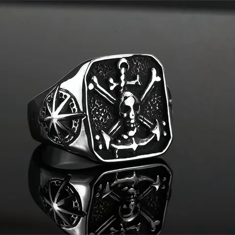 Vintage Stainless Steel Skull Ring Men Pirate Anchor Signet Ring Eight-Pointed Star Compass Punk Biker Fashion Rings Jewelry Gift