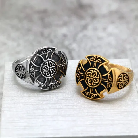Vintage Stainless Steel Celtic Knot Shield Ring For Men Women Retro Viking Cross Totem Geometric Distressed Band Ring Biker Jewelry