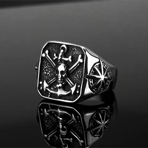 Vintage Stainless Steel Skull Ring Men Pirate Anchor Signet Ring Eight-Pointed Star Compass Punk Biker Fashion Rings Jewelry Gift