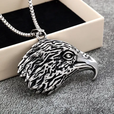 Collier Pendentif Tête d'Aigle En Acier Inoxydable Vintage Pour Homme Style Occidental Poli Motif d'Animal Bijoux Biker Heavy Metal Cadeau