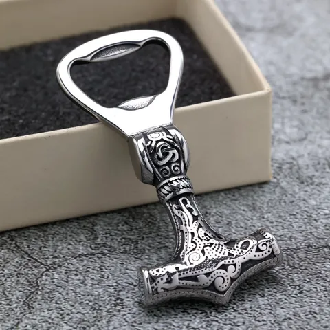 Vintage Stainless Steel Viking Thor Hammer Bottle Opener Double Sided Solid Beverage Cap Lifter Nordic Carving Kitchen Tools