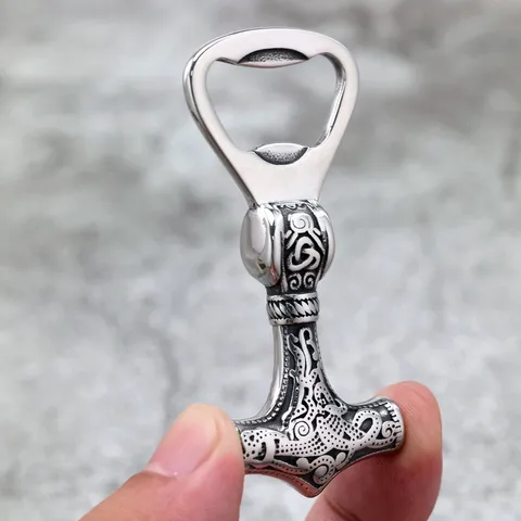 Vintage Stainless Steel Viking Thor Hammer Bottle Opener Double Sided Solid Beverage Cap Lifter Nordic Carving Kitchen Tools
