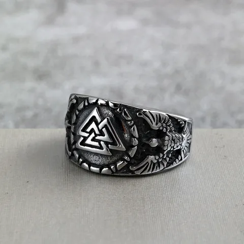 Anello Vichingo in Acciaio Inossidabile Vintage per Uomo Donna Retrò Valknut Corvo Totem Rilievo Solido Band Anello Punk Gioielli Mitologia Norrena