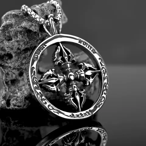 Vintage Stainless Steel Cross Vajra Pendant Necklace Gothic Letter Engraved Polished Geometric Necklace For Men Hip Hop Punk Jewelry Gift