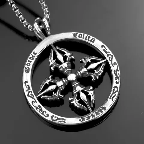 Vintage Stainless Steel Cross Vajra Pendant Necklace Gothic Letter Engraved Polished Geometric Necklace For Men Hip Hop Punk Jewelry Gift
