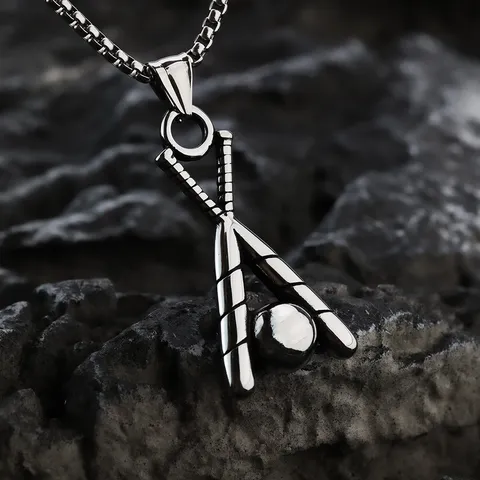 Vintage Stainless Steel Crossed Baseball Bats Pendant Necklace For Men Personality Polished Sports Charm Jewelry Gift