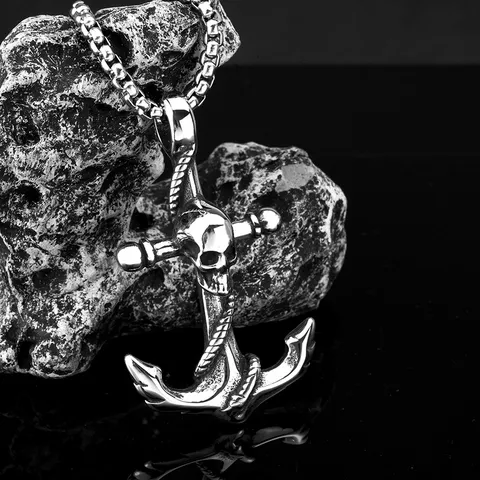Collier Pendentif Crâne Ancre En Acier Inoxydable Vintage Pour Hommes Bijoux De Motard Polis Heavy Metal Gothique Punk Cadeau