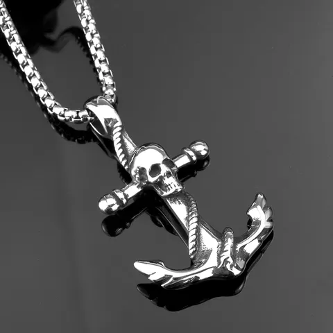 Collier Pendentif Crâne Ancre En Acier Inoxydable Vintage Pour Hommes Bijoux De Motard Polis Heavy Metal Gothique Punk Cadeau