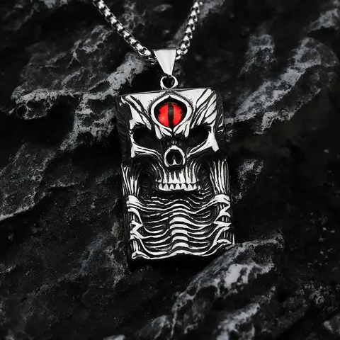 Collar con Colgante de Calavera de Acero Inoxidable Vintage para Hombre Colgante de Strass Ojo Rojo Rubí Cuadrado Gótico Punk Joyería