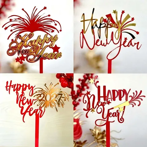 Acryl Happy New Year 2026 Tortenaufsatz Spiegel Rot Gold Festliche Party Dekoration Dessert Einsatz Stern Feuerwerk