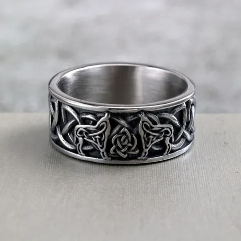 Vintage Titanium Steel Viking Wolf Head Ring For Men Women Celtic Knot Band Ring Punk Gothic Retro Amulet Jewelry Gift