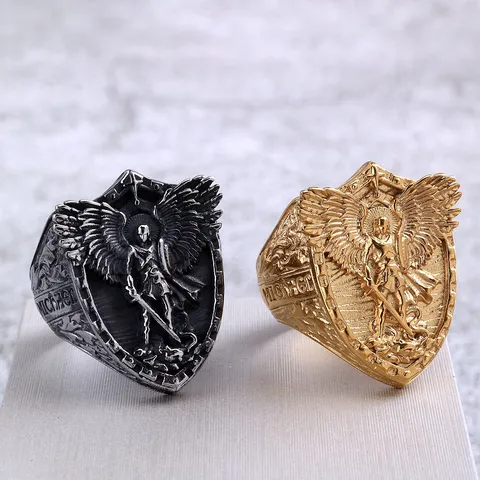 Vintage Stainless Steel Men Ring Saint Michael Angel Dragon Shield Signet Ring Retro Punk Hip Hop Biker Jewelry For Male Boyfriend Gift