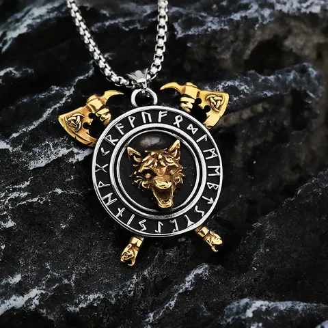 Vintage Wikinger Edelstahl Wolfskopf Anhänger Halskette Nordische Rune Doppeläxte Keltischer Schild Kropfband Schmuck Für Herren Damen Geschenk