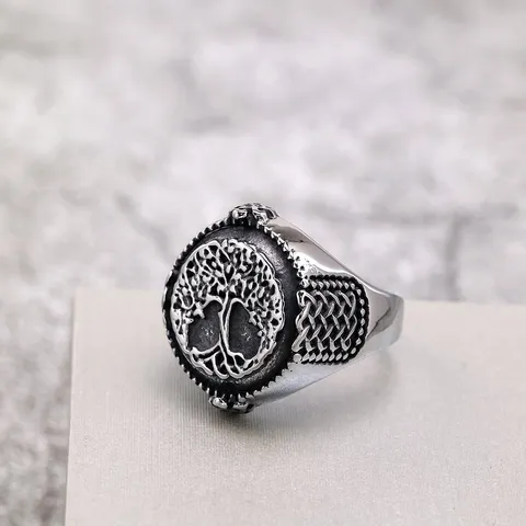 Nordic Vintage Stainless Steel Tree of Life Ring For Men Viking Totem Celtic Knot Band Ring Retro Hip Hop Biker Jewelry Gift