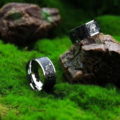 Vintage Stainless Steel Viking Tree of Life Ring For Men Women Retro Celtic Knot Pattern Blackened Antiqued Punk Band Finger Ring Jewelry Gift