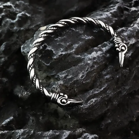 Vintage Stainless Steel Viking Pirate Raven Head C-shaped Open Cuff Bangle Bracelet For Men Women Twisted Rope Design Punk Metallic Jewelry Gift